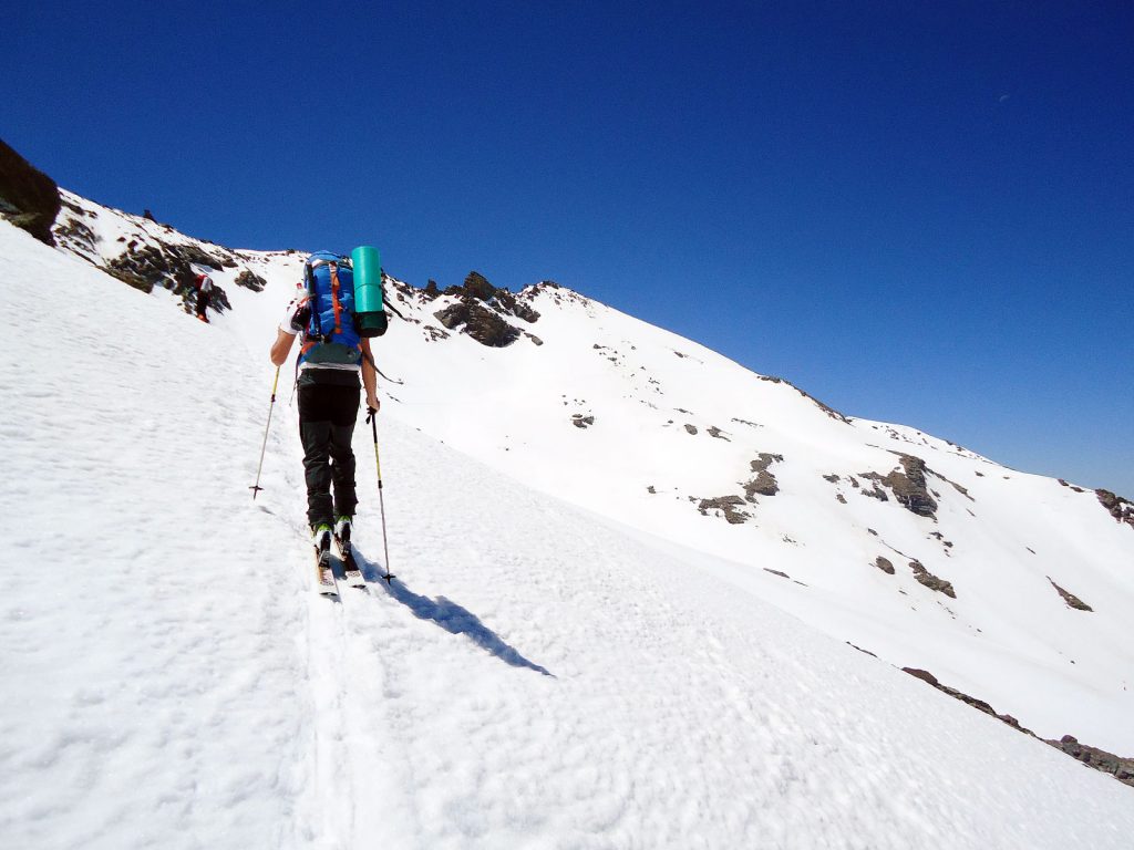 Buitre en primer plano y Poli detrás ascendiendo a Elorrieta (3.187 m)